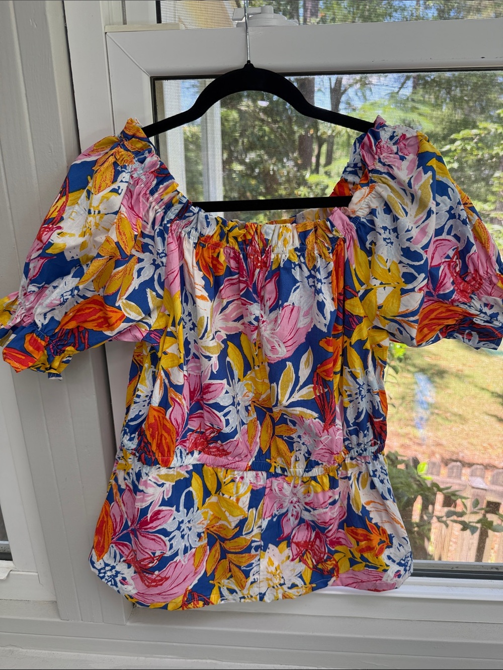 Flying Tomato Floral Off-Shoulder Puff Sleeve Top - Blue/Pink/Yellow Sz M